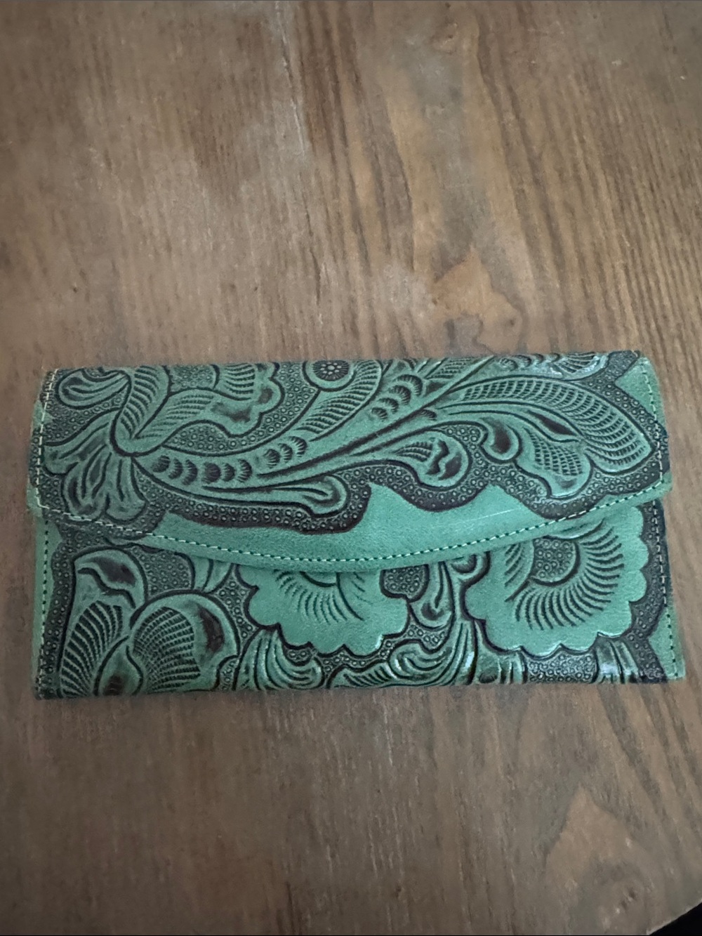 Tooled Floral Leather Wallet - Green - Picture 1 of 3